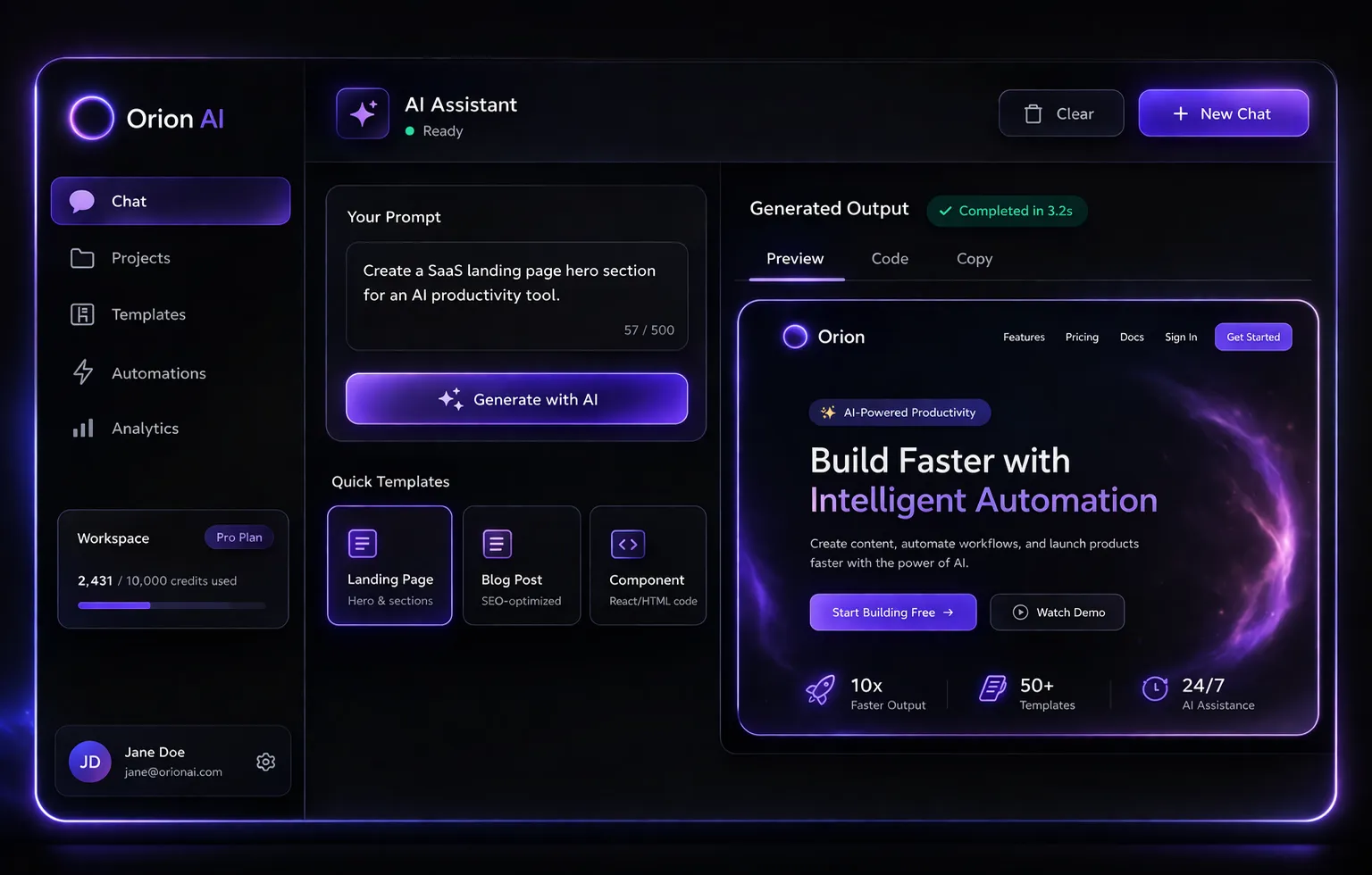 Orion AI product workspace preview